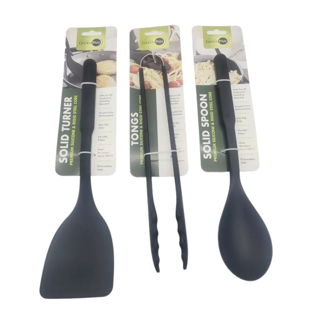 GREENPAN 3pc Spoon Turner Metal Core Silicone Utensils Set Black Heat Resistant